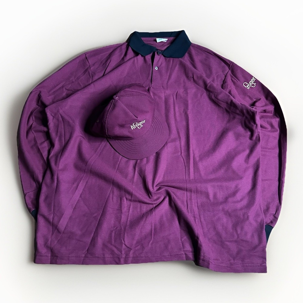 Vintage 90s Kroger Polo Shirt + Hat Men 2XL Grocery Employee Uniform USA Made